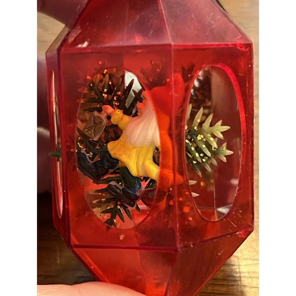 Vtg 1970s Jewel Brite Diorama Christmas Ornament Red Hexagon Lantern Gnome MCM